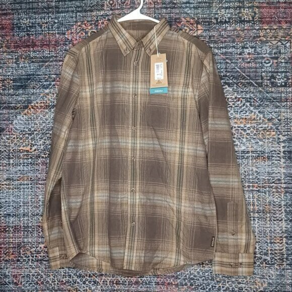 prAna mens Broderick Scorched brown beige blue plaid Organic button shirt S NWT - Picture 1 of 5